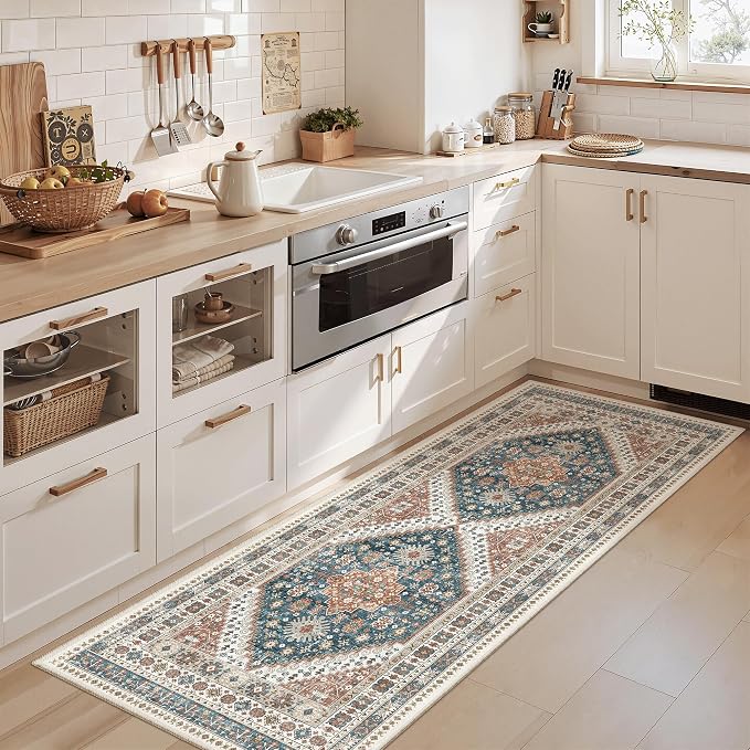 Madane Hallway Runner Rug 2x5 Washable Entry Rugs Non-Slip, Navy Blue | Vintage Printed Low-Pile Kitchen Runners, Soft Low-Pile Stain-Resistant Throw Carpet for Bedroom Entrance Laundry Room 2'x5'
