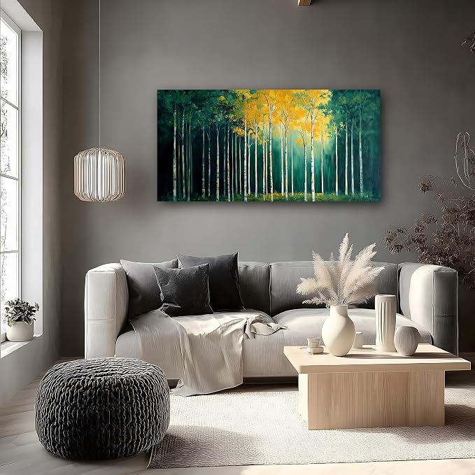 40x20 Inch Birch Tree Canvas Wall Art, Large Panoramic Autumn Forest Painting, Textured Green & Yellow Landscape Wall Decor, Framed Modern Nature Artwork for Living Room Bedroom Office Home Decoration