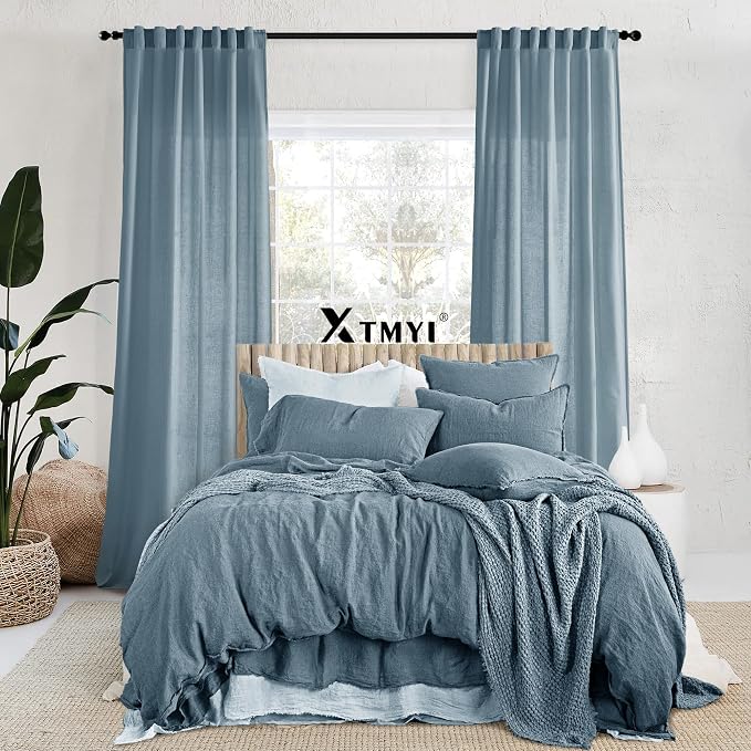 XTMYI Dusty Blue Curtains 63 Inches Long for Bedroom,Light Filtering Country Vintage Hooks Pleated Back Tab Semi Sheer Linen Curtains for Living Room 2 Panels Set,Grey Stone Blue