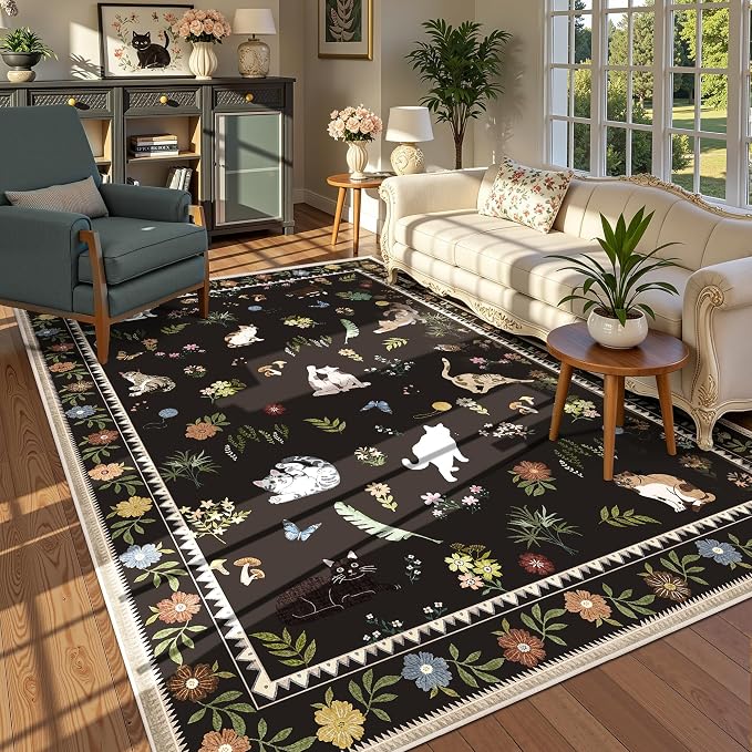 AIMPEAK Black 5x7 Washable Area Rug - Non Slip Low Profile Cat Floral Boho Carpet for Living Room, Bedroom, Farmhouse, Dining Room, Kids Playroom, Nursery, Vintage, Black Multi