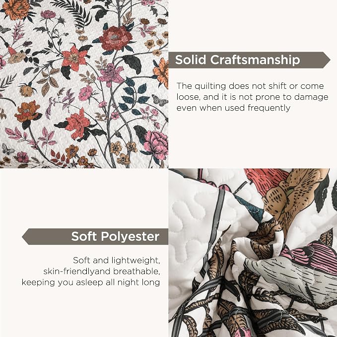 Litanika Floral White Quilt Oversized King - 3Pcs Botanical Birds Bed Set | Super King Plus Bedspread Summer Lightweight Soft Coverlet with Orange Flower for All Seasons(128"x120")