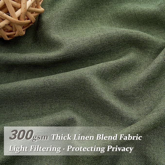 Olive Green Linen Curtains 96 Inches Long 2 Panels Set, Modern Aesthetic Pinch Pleated Dark Academia Living Room Light Filtering Sheer Ceiling Track Curtains with Hooks Decor Drapes for Bedroom Window
