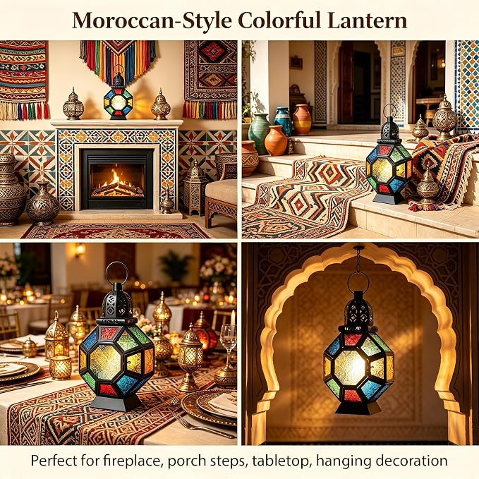 Vintage Large Size Decorative Ramadan Candle Lantern, 12’’ Metal Hanging&Tabletop Moroccan Stained Glass Lantern Candle Holder Decor, Decorations for Home Indoor Outdoor Patio (Colorful)