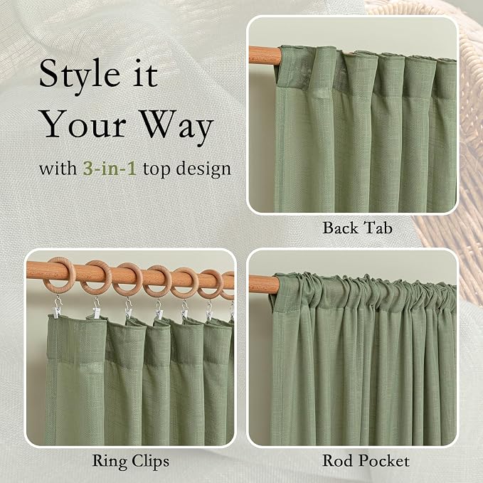 MYSKY HOME Patio Curtains for Sliding Door 90 inch Length 2 Panels Set, Living Room Curtains & Drapes Soft Farmhouse Window Treatments Back Tab Semi Sheer Draperies, 50" W x 90" L, Sage Green