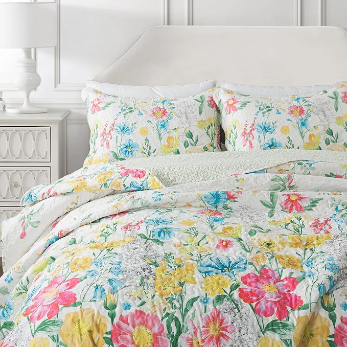 NEWLAKE Quilt Bedspread Sets- Dreamy Flowers Reversible Coverlet Set,King Size