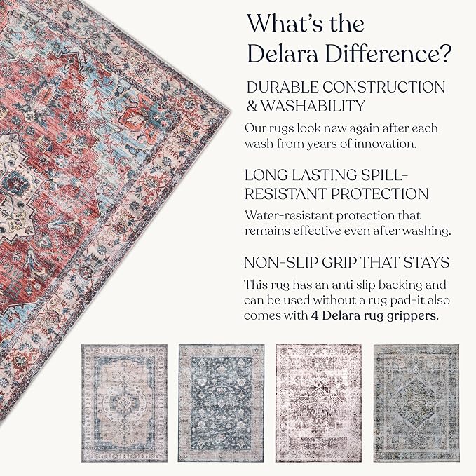 Machine Washable Area Rug, Soft & Durable, Non-Slip, Stain Resistant Rug for Bedroom, Living Room, Dining Room, High Traffic Areas. (Red/Sky Blue, 5' X 7')
