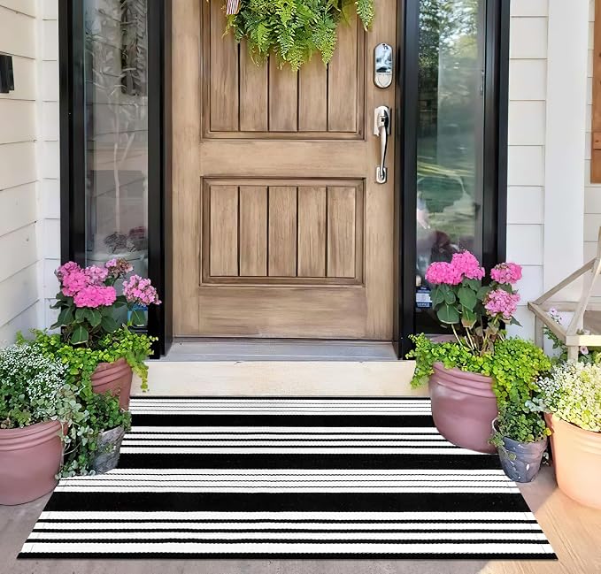 Black and White Striped Door Mat Outdoor 24"x35"Washable Layered Doormat | Hand-Woven Farmhouse Indoor/Outdoor Rug Front Porch Mat Combined Use with Hello Welcome Mat