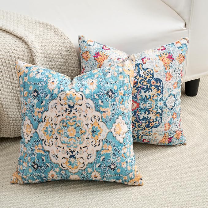 Set of 4 Vintage Blue Floral Throw Pillow Covers 18x18 Inch, Boho Medallion Decorative Pillow Cases Soft Cushion Covers for Couch Bed Living Room Spring Summer Decor