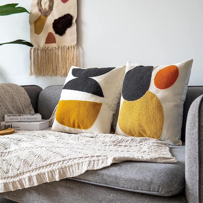 Decorative Geo Pillowcase, Boho Colored Throw Pillow Cover for Couch Sofa Bed Stylish Decor, Simple Cotton Textured Cushion Sham, Square 18 inches, 1PC(Yellow Orange)