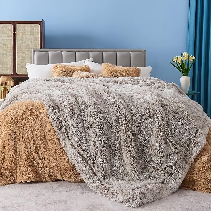 GONAAP Fuzzy Faux Fur Twin Blanket for Couch, Frosty Grey, 60"x80" | Warm Cozy Plush Shaggy Decorative Reversible Thick Non-Heated Fleece Blanket for Sofa Bed, Gift for Women Men, All Season Use