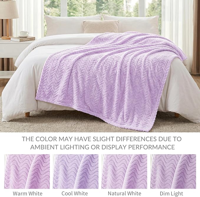 Exclusivo Mezcla Large Fleece Throw Blanket for Couch, Sofa, Lilac Purple | 50"x70" Soft Breathable Lightweight Flannel Throws for Summer, Plush Cozy Jacquard Wave Blanket for Home Decor