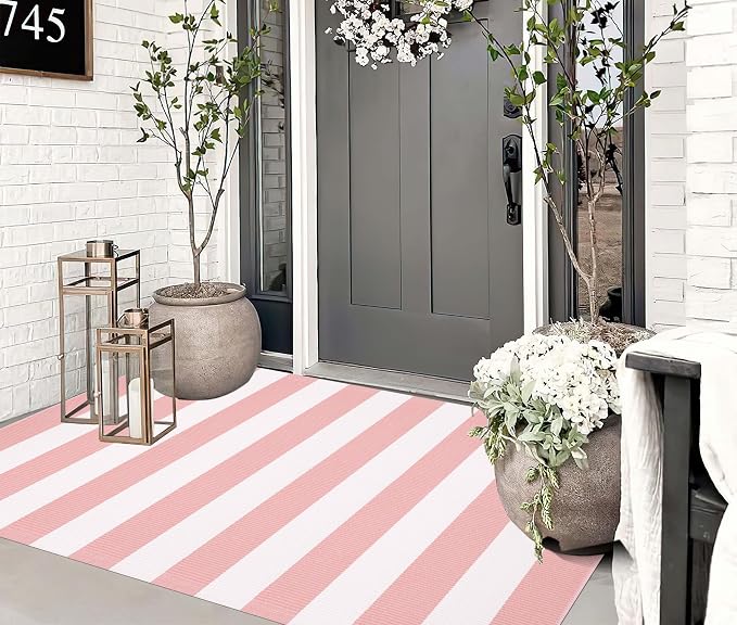 BUAGETUP Outdoor Rug 3'x 5',Pink Striped Area Rug Hand-Woven Cotton Washable Rug Indoor/Outdoor Area Rug Floor Mat for Farmhouse Living Room Bedroom