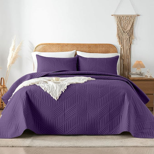 Davulos Twin Quilt Set,Deep Purple Lightweight Reversible Bedspread for All Seasons,Soft Modern Microfiber Geometric Coverlet for Dorm Room or Guest Bedroom(1 Quilt,1 Pillow Sham)