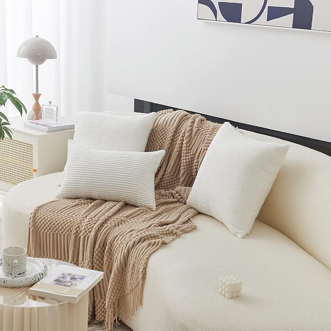 Home Brilliant White Euro Shams Set of 2 24x24 Throw Pillow Covers Summer Decoration Striped Velvet Corduroy Euro Throw Pillow Sham Couch Cushion Cover for Teen Girls, 24 x 24 inch, Creamy White