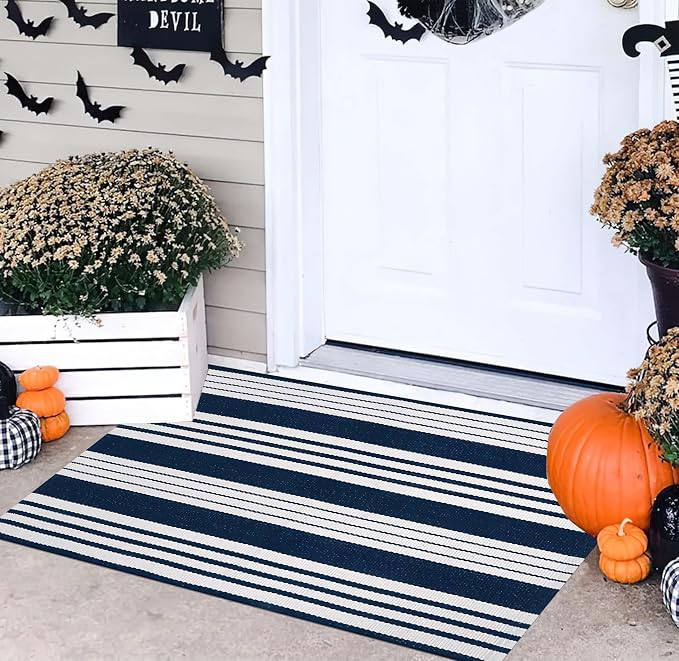 Blue and White Striped Doormat 24"x35"Washable Farmhouse Front Porch Rug | Cotton Bend with Woven Construction, Easy-care Fabric, Gentle Machine Wash and Air Dry