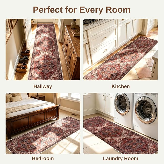 2x8 Rug Runners for Hallways Non Slip, Washable Kitchen Runner Rug | Soft faux wool, machine washable & stain resistant. Non-slip rubber backing, low pile. For hallway, kitchen, bedroom. Red.