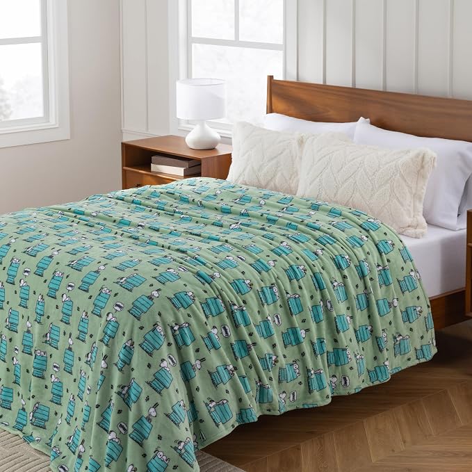 Berkshire Peanuts® VelvetLoft® Cute Character Snoopy Plush Throw Blanket,Regular Snoopy Dog House Poses & Paws Closed in Sage,Throw 55 in x 70 in (Official Peanuts® Product)