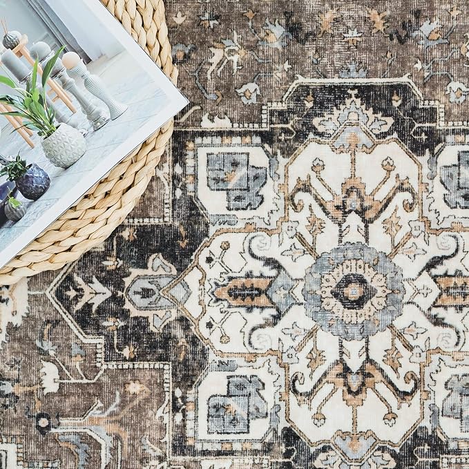 Washable Kitchen Runner Rug 2x6 - Hallway Rugs Low Pile Entryway Carpet Vintage Soft Non-Slip Stain Resistant Indoor Floor Distressed Mat Home Decor for Bedside Bathroom Entrance(Beige/Blue/Grey,2x6)