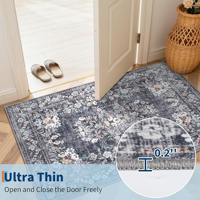 GarveeHome 6x9 Area Rug for Living Room Botanical Bordered Blue Floor Cover | Vintage Distressed Leaf and Flower Bedroom Rugs Low Pile Machine Washable Non-Slip Floral Area Rug for Dining Home Office