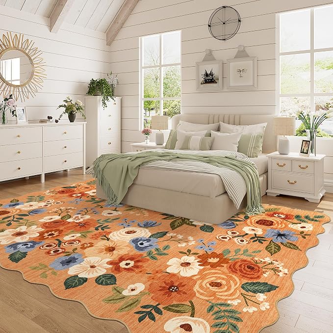 DUKINO 6x9 Area Rugs, Floral Washable Rug for Living Room Non Slip, Orange | Low Pile, Stain Resistant, Soft Indoor Large Rugs for Bedroom, Dining Room, Kids Playroom, Nursery, Pet Friendly, Home Decor