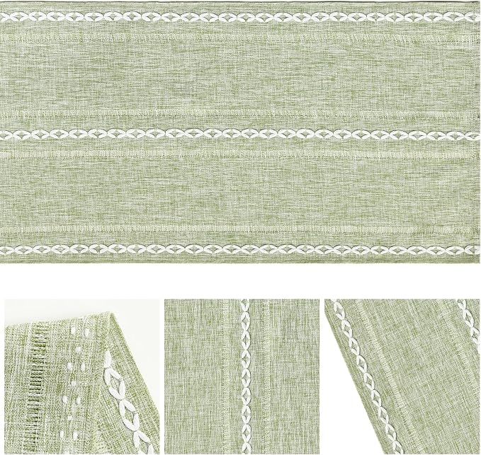 Artoid Mode Sage Green Rustic Cotton Linen Table Runner, Seasonal Embroidered Hollow Kitchen Dining Table Decoration for Home Party Decor 13x72 Inch