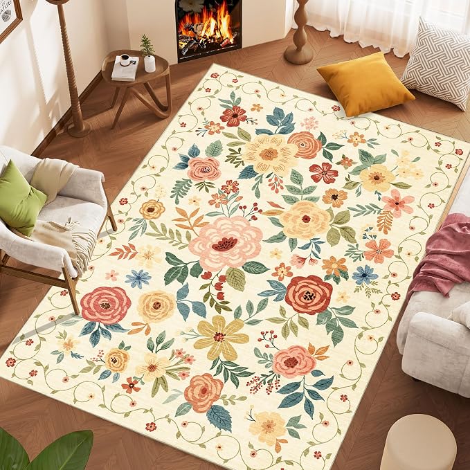 DUKINO 5x7 Area Rug Floral Washable Living Room Rug Non Slip Beige Yellow | Soft, Low Pile, Stain Resistant Indoor Rug for Bedroom, Dining Room, Office, Pet Friendly, Lightweight, Modern Home Decor