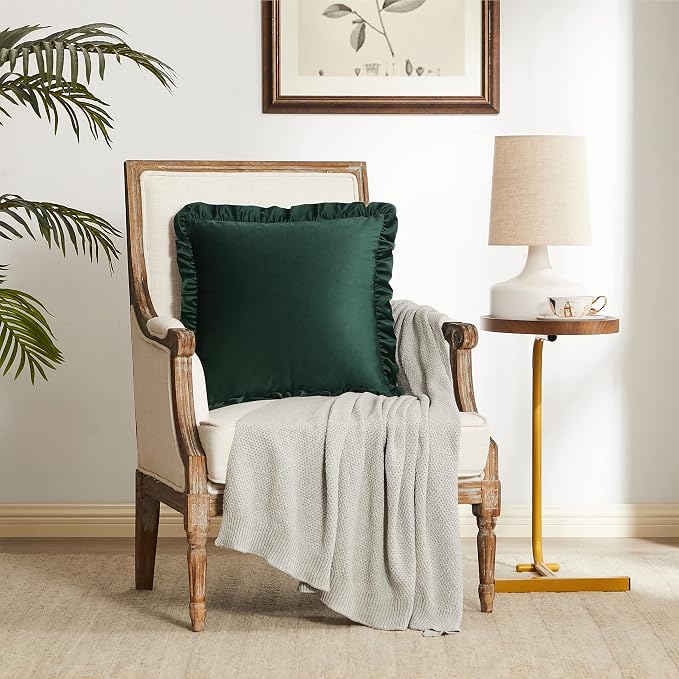 GIGIZAZA Army Green Decorative Throw Pillow Covers, 16x16 Velvet Ruffle Cushion Pillow Covers for Sofa Couch Set of 2