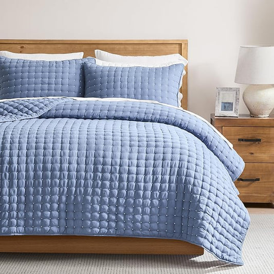 WDCOZY Blue California Cal King Size Quilt Bedding Sets with Pillow Shams, Oversized Lightweight Soft Bedspread Coverlet, Quilted Blanket Thin Comforter Bed Cover, 3 Pieces, 118x106 inches