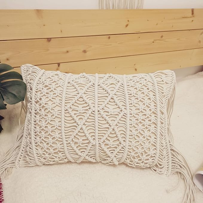 Macrame Lumbar Pillow Cover-Set of 2 with Tassels Rectangualr Cushion Covers Boho Throw Pillow Cover for Couch, Sofa, Bed, Farmhouse, Chair, Dining, Patio, Outdoor, car (B)