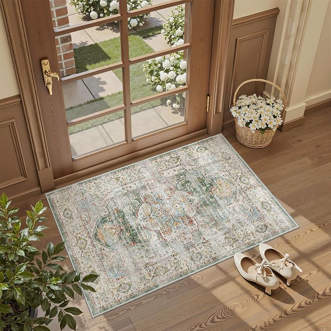 Madane Washable Area Rug 2x3 Small Entryway Rugs Non-Slip, Green | Vintage Stain-Resistant Door Mat Indoor Entrance, Low Pile Floor Carpet for Inside Front Bedroom Kitchen Entry Laundry, Stair