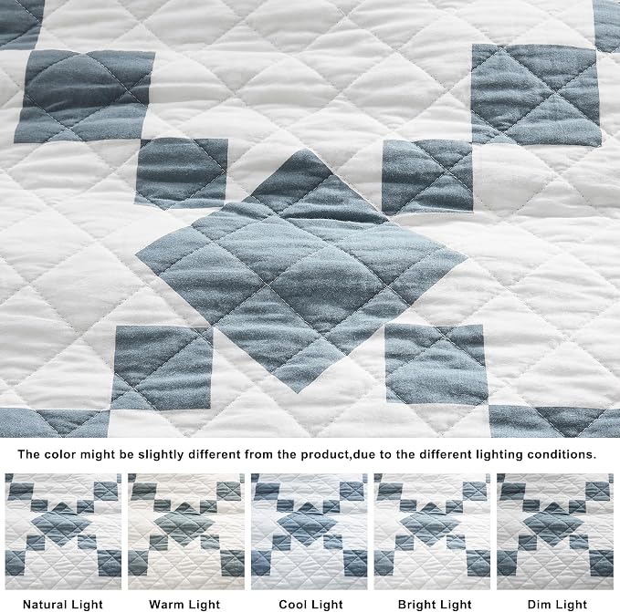WDCOZY 100% Cotton Quilt King Size, Lightweight Reversible Gingham Patchwork Bedding Set with 2 Pillow Shams, Blue Block Pattern Farmhouse Bedspread Shabby Chic Coverlet Thin Comforter All Seasons