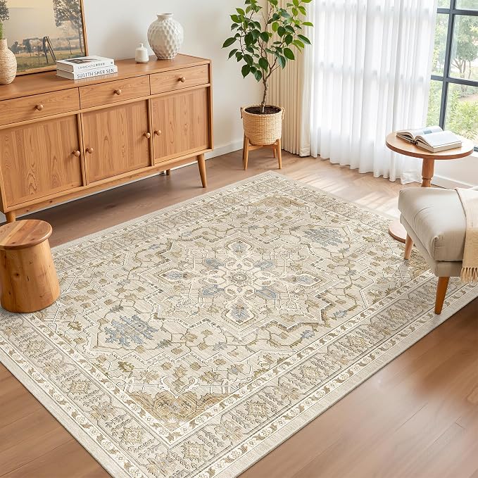 Madane Area Rug 4x6 Washable Rugs Vintage for Living Room, Beige/Blue | Ultra-Thin Stain Resistant Vintage Large 4'X6' Carpet, Low-Pile Floor Mat For Bedroom Dining Room Office Home Decor