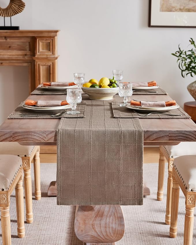 ZeeMart Linen Checked Farmhouse Table Runner, 13x90 Inches Cocoa Brown | Raised Grid Design, Rich Woven Texture, Linen Blend Table Runners 90 Inches Long, Machine Washable, Boho Home Kitchen Decor