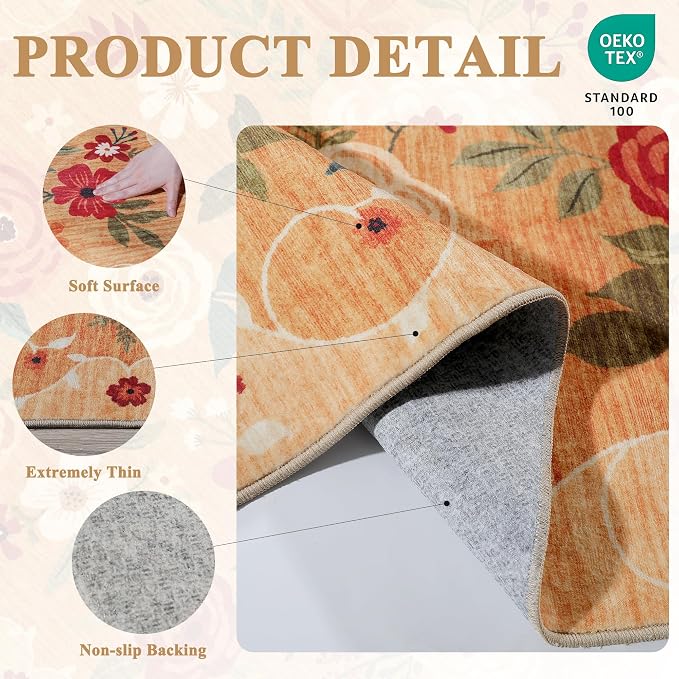 DUKINO 2x12 Washable Runner Rug, Non Slip Long Kitchen Runner Rug, Orange | Floral, Low Pile, Soft Indoor Rug Runner for Hallway, Entryway, Bedroom, Bathroom, Laundry, Pet Friendly, Modern Home Decor