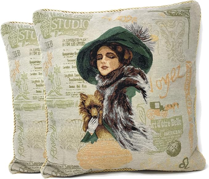 Tache Adorable Puppy's Day Out Jacquard Tapestry Woven Throw Pillow Cushion Covers Green Beige Brown Decorative Couch Accent Pillow Cover (2 Pieces, Puppy's Day Out)