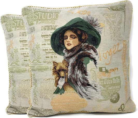 Tache Adorable Puppy's Day Out Jacquard Tapestry Woven Throw Pillow Cushion Covers Green Beige Brown Decorative Couch Accent Pillow Cover (2 Pieces, Puppy's Day Out)
