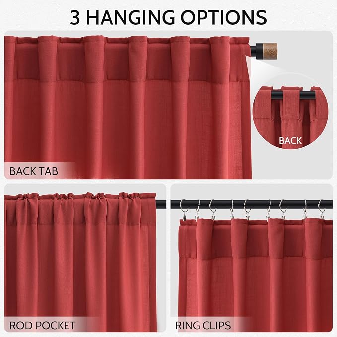 Christmas Red Linen Curtains 72 Inches Long for Living Room Light Filtering Semi Sheer Curtain Back Tab and Rod Pocket Vintage Rustic Luxury Home Decor Neutral Drapes for Bedroom 52x72, 2 Panels