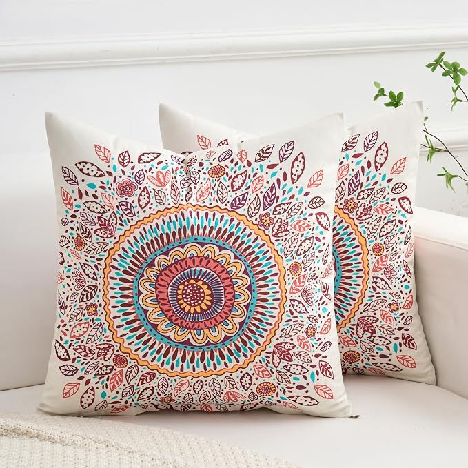 Boho Throw Pillow Covers 18X18 Inch Set of 2 Bohemian Soft Velvet Couch Pillow Cases Farmhouse Decorative Pillow Covers for Sofa Living Room Bedroom Outdoor Patio Porch Mandala Bloom