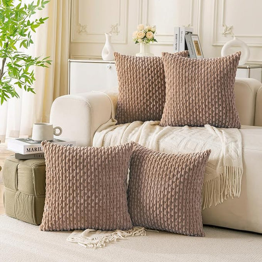 Set of 4 Light Brown Decorative Throw Pillow Covers 22x22 Inch Corduroy Pillow Covers for Bed Couch Sofa Living Room Soft Square Cushion Cases