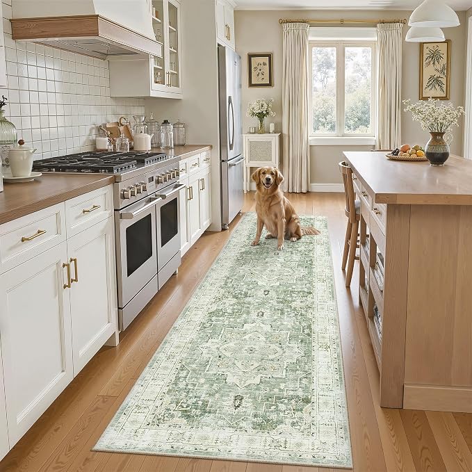 Madane Hallway Runner Rug 2x8 Washable Kitchen Rugs Non-Slip, Green/Ivory | Vintage Machine Washable Low-Pile Floor Carpet 8ft, Soft Ultra-Thin Throw Entry Foyer Mat for Entrance Laundry Living Room