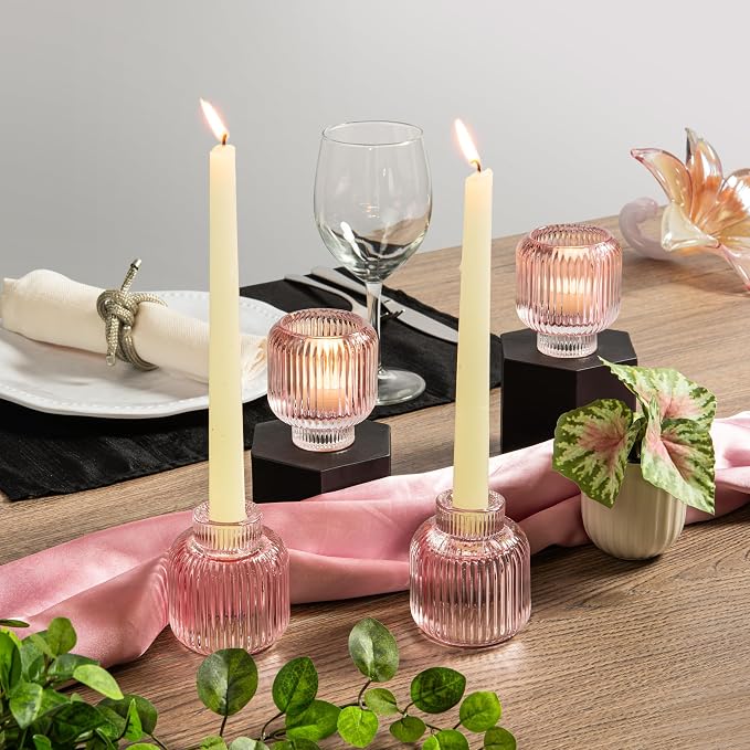 Set of 4 Pink Glass Candlesticks – Candle Sticks Holder Decor for Home or Events – Elegant Taper Candle Holders