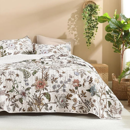 Litanika Floral White Quilt Queen - 3Pcs Botanical Birds Bedding Set | Bedspread Summer Lightweight Soft Coverlet with Pink Flower for All Seasons (96"x90")