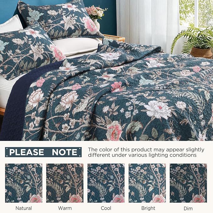 Litanika Floral Teal Quilt King - 3Pcs Botanical Birds Bedding Set | Bedspread Summer Lightweight Soft Coverlet with Pink Flower for All Seasons(106"x96")