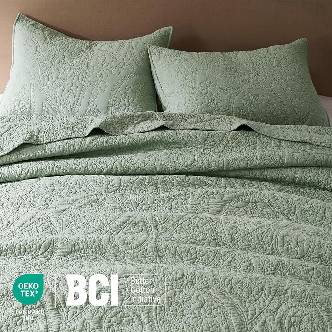 PALASSIO Sage Green Paisley 100% Cotton Quilt King Size Bedding Sets with 2 Pillow Shams, Boho Floral Lightweight Farmhouse Country Vintage Soft Bedspread Shabby Chic Coverlet for All Season, 3 Pieces