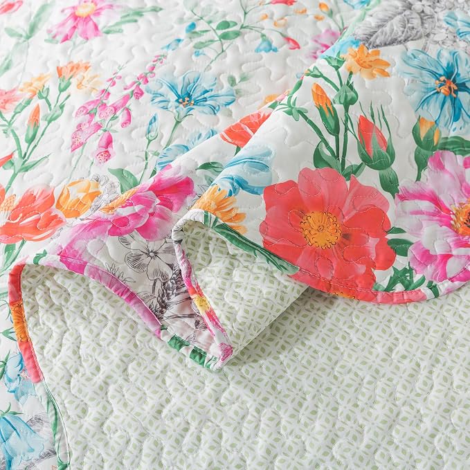 NEWLAKE Quilt Bedspread Sets- Dreamy Flowers Reversible Coverlet Set,Queen Size