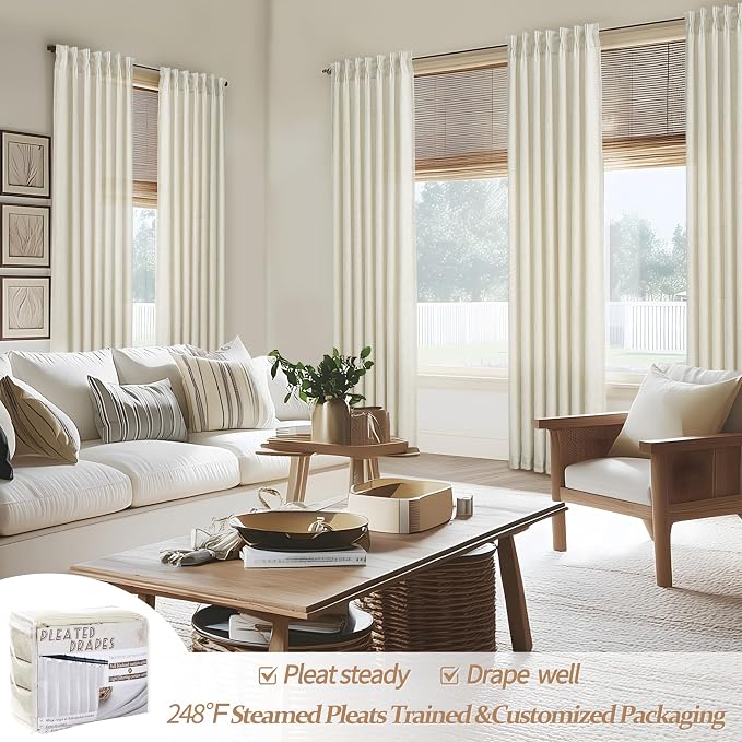Cream Memory Shape Pleated 95 Inch Curtains 2 Panels Set for Dining Room, Natural Linen Textured Semi Sheer Heavy Drapes Light Filtering Privacy 94-96 Inches Long Windows Curtain with Hooks & Rings