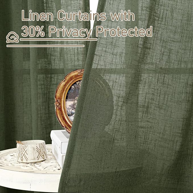 Olive Green Sheer Linen Curtains 84 Inches Long for Living Room | Light Filtering, Christmas, Curtains for Bedroom, Farmhouse, Neutral Boho, Bronze Grommet Drapes, 52 x 84 Inch, 2 Panels
