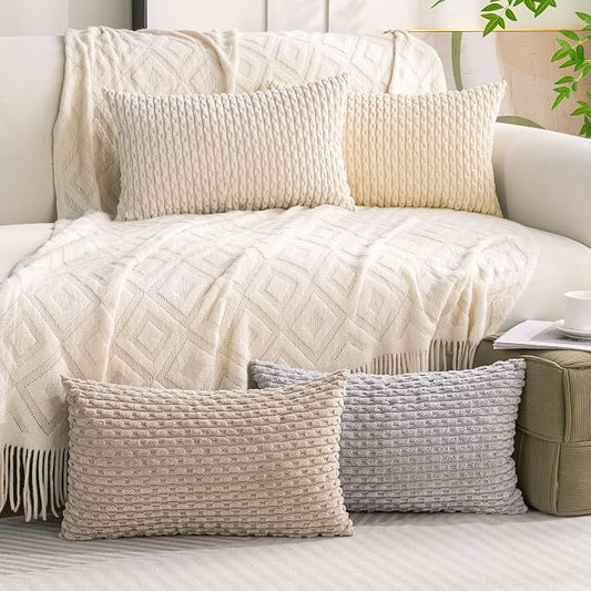 Set of 4 Neutral Decorative Throw Pillow Covers 12x20 Inch Corduroy Pillow Covers for Bed Couch Sofa Living Room Soft Cushion Cases