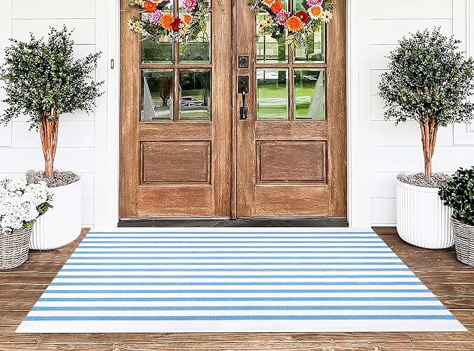 BUAGETUP Outdoor Rug 3'x 5',Light Blue Striped Area Rug Hand-Woven Cotton Washable Rug Indoor/Outdoor Area Rug Floor Mat for Farmhouse Living Room Bedroom