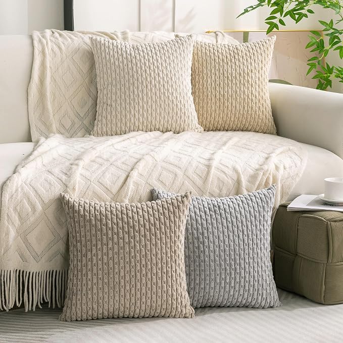 Set of 4 Neutral Decorative Throw Pillow Covers 22x22 Inch Corduroy Pillow Covers for Bed Couch Sofa Living Room Soft Square Cushion Cases